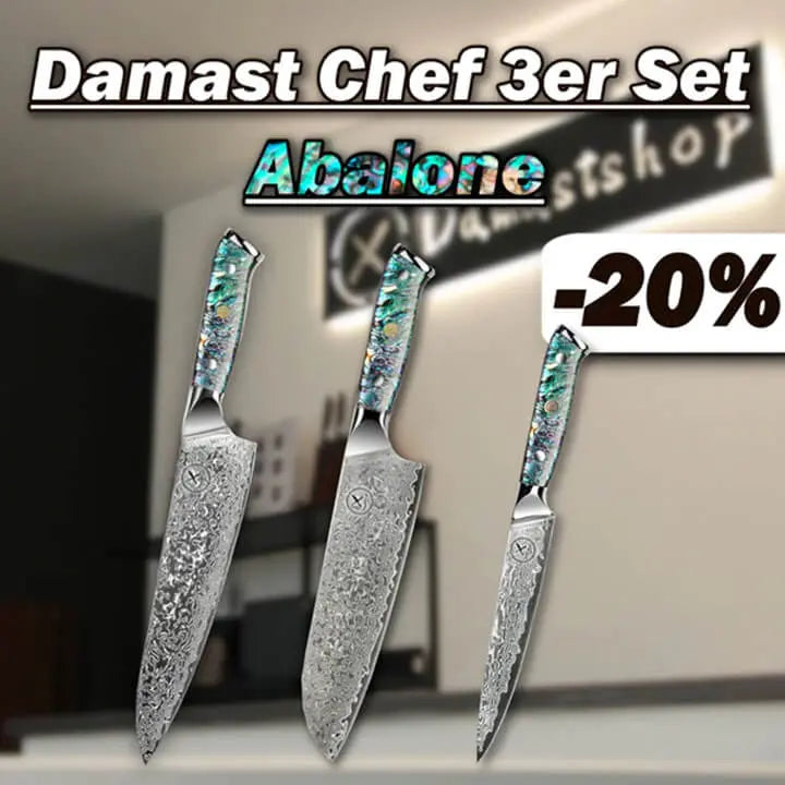 Damast Chefmesser 3er Set - Abalone Epoxitharz Griff