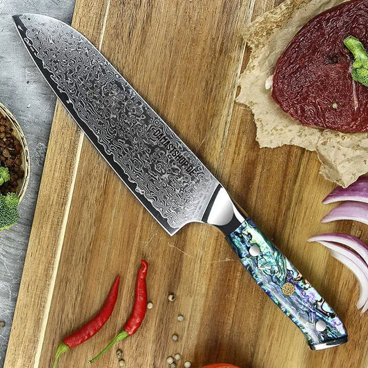 Damast Santoku Messer - Abalone Epoxitharz Griff