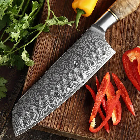 Damast Santoku Messer - Bergahorn Griff